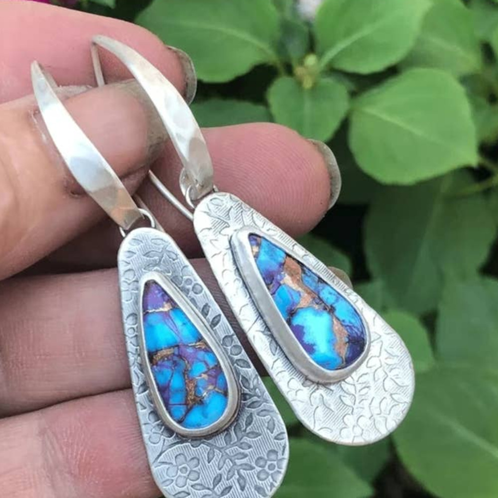 Boho Dangle Drop Earrings Metal Carved Pattern 925 Silver Plated Lightweight - Picture 7 of 7